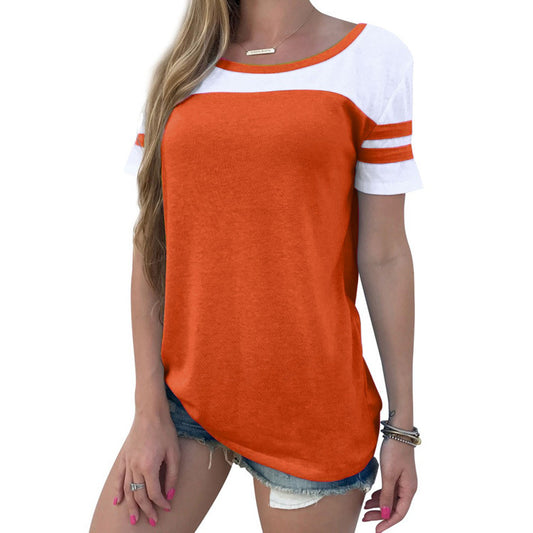 Contrast Round Neck T-shirt For Women's Summer Top Loose Fitting