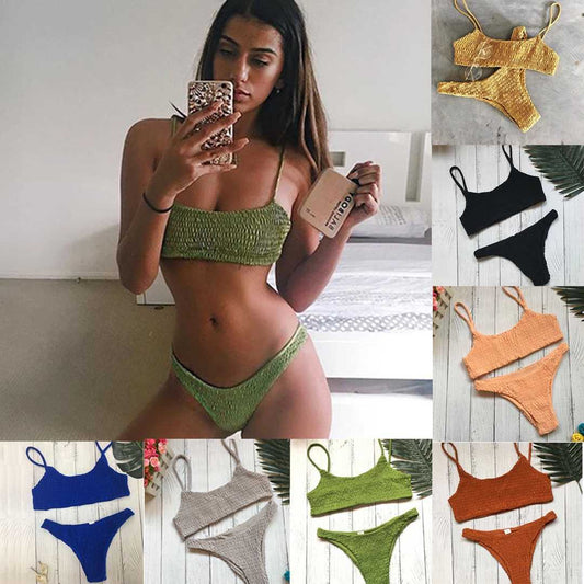 Bikini Ins Sexy Pleated Triangle Swimsuit Beach Solid Color Swimsuit For Women