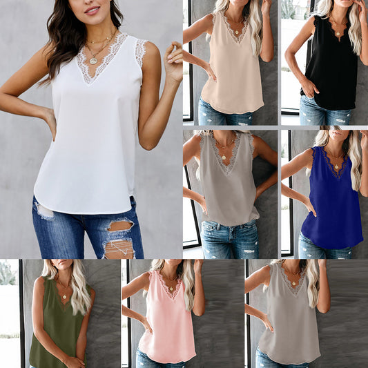 Bottoming Vest T-shirt Women's Summer European And American V-neck Lace Sleeveless Loose Top 253064